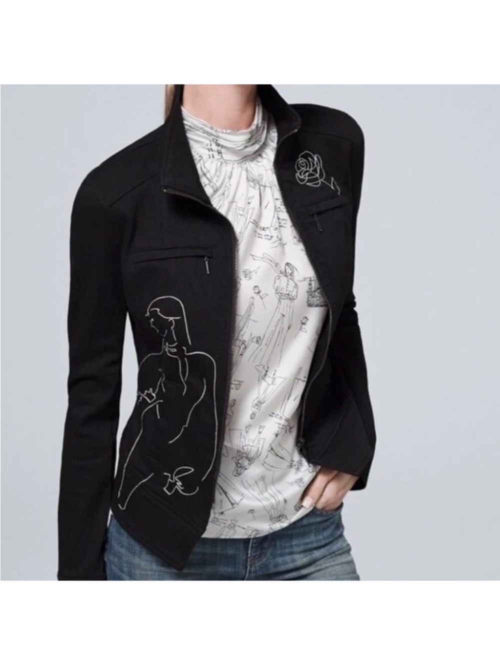 NWT WHBM 35th Anniversary Black Embroidered Zip Jacket Size 6